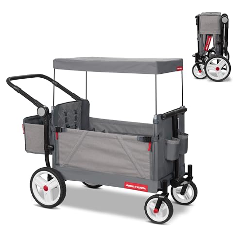 Radio Flyer Odyssey Collapsible Stroll N Wagon Folding Push and Pull Stroller Wagon with Removable Rear Storage Bag for Ages 1 to 3, Light Gray