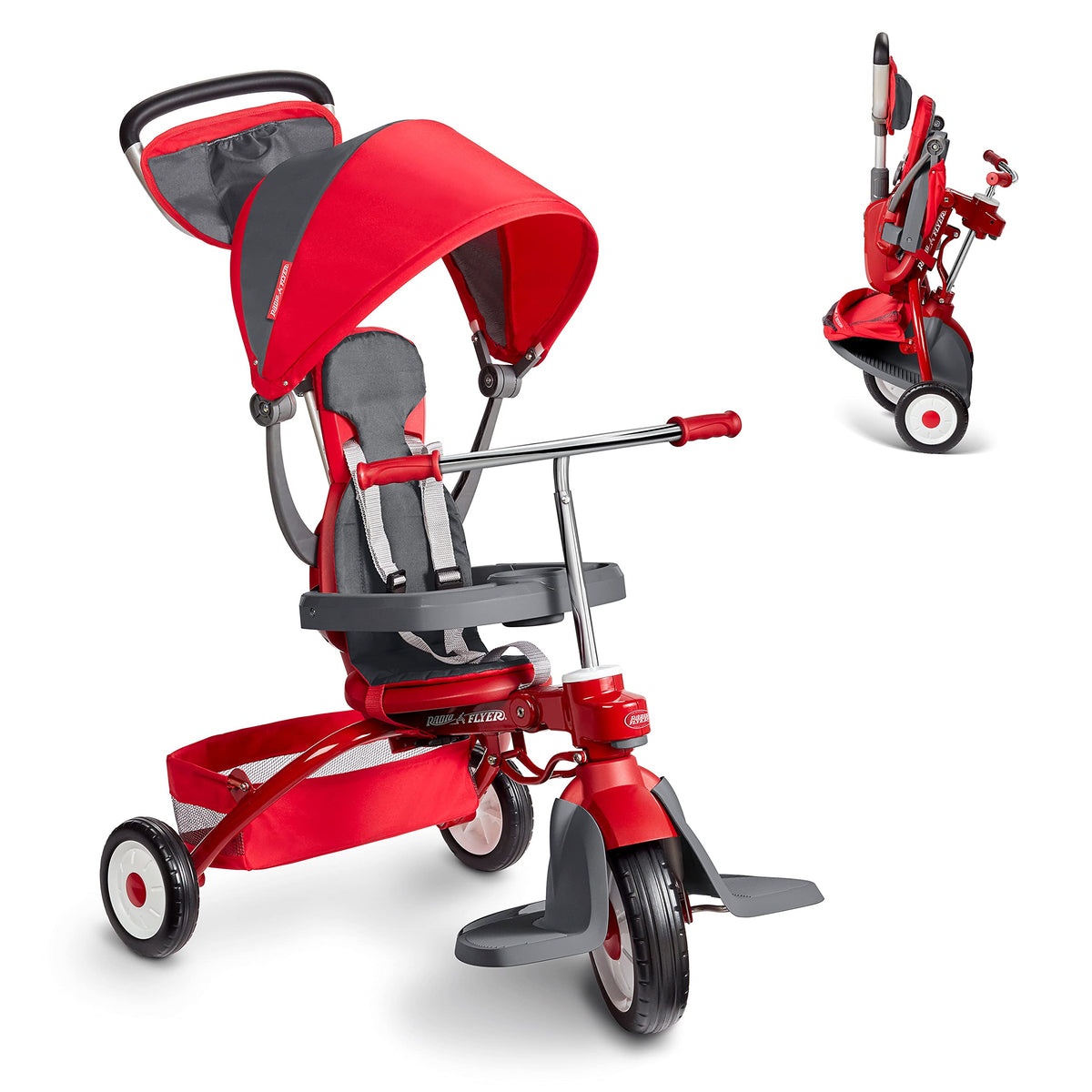 Radio Flyer Deluxe EZ Fold 4-in-1 Stroll 'N Trike, Red Tricycle, Toddler Bike